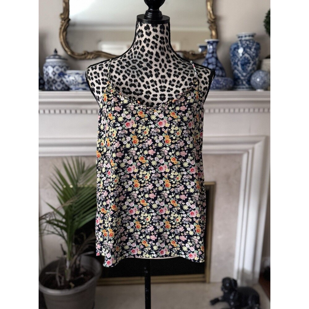 LOFT Women Floral V-Neck Spaghetti Strap Camisole Top Navy Blue Size M
